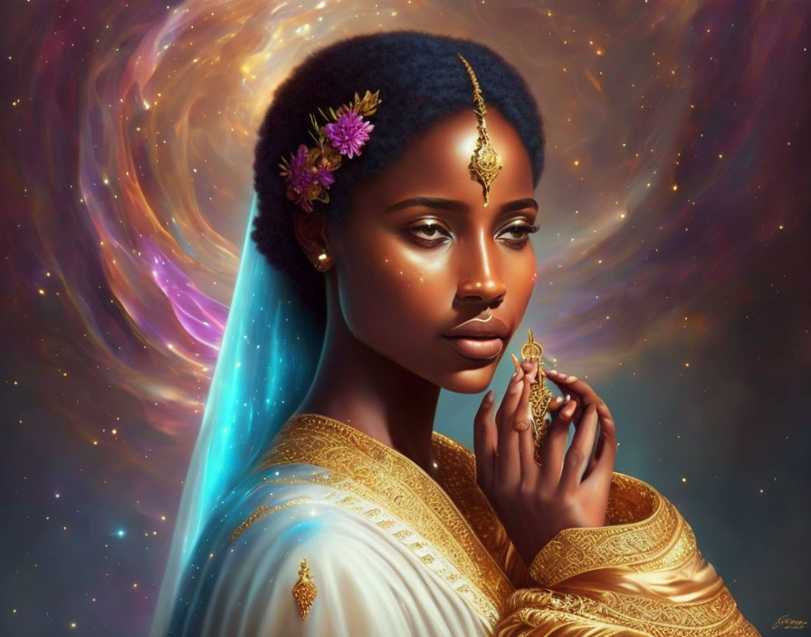 Ethereal woman portrait with golden jewelry and cosmic backdrop