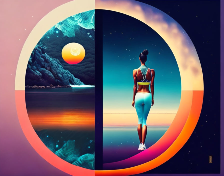 Split digital artwork: Person in vibrant beach sunset & surreal moonlit cove with circular frames