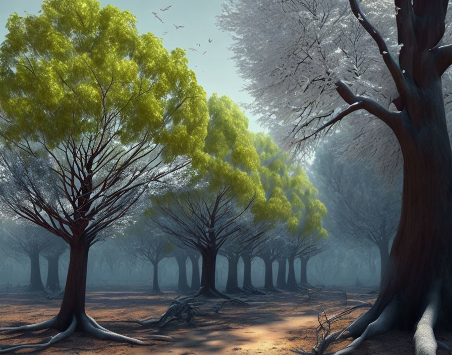 Forest scene with mixed seasonal trees and misty background.