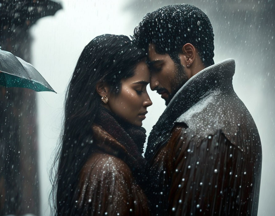 Couple sharing intimate moment under snow with visible umbrella