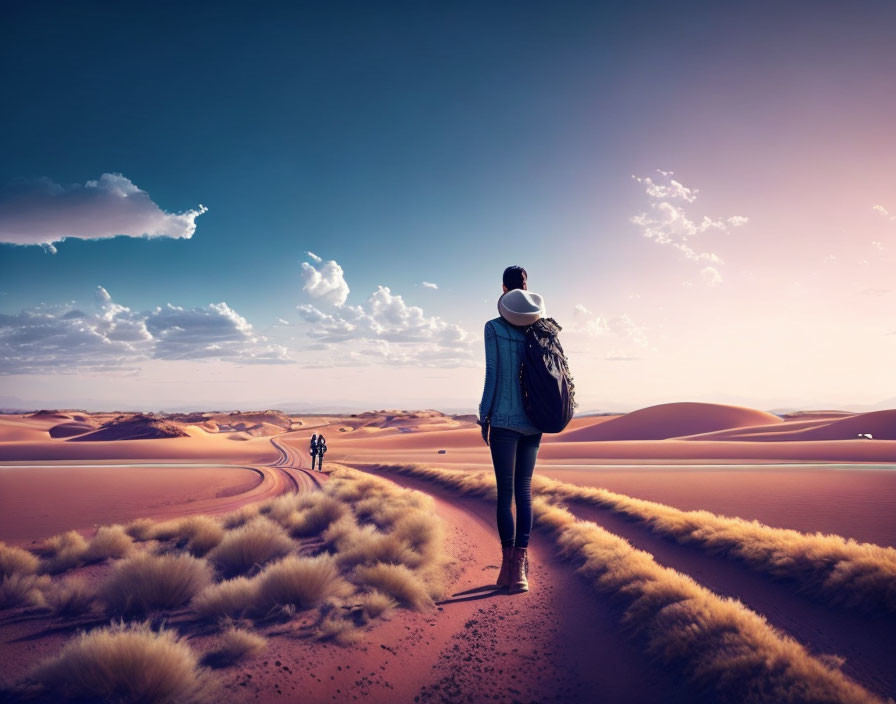 Traveler in desert watches distant figures under pastel sky