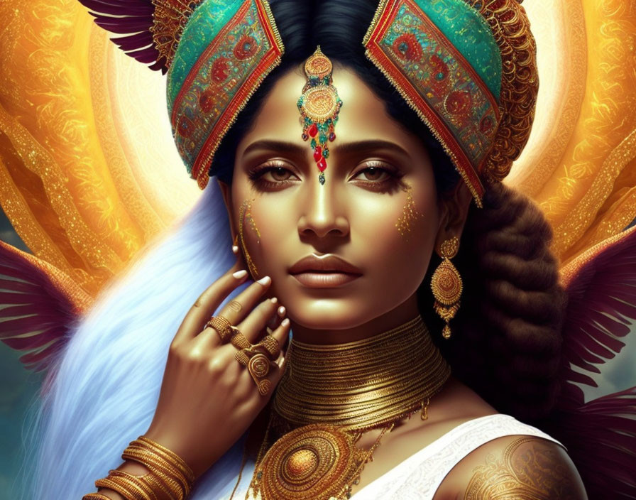 Illustration of Woman with Golden Jewelry and Colorful Headdress