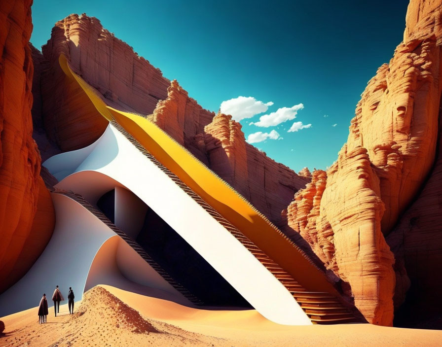 Futuristic white bridge over desert canyon with yellow underside