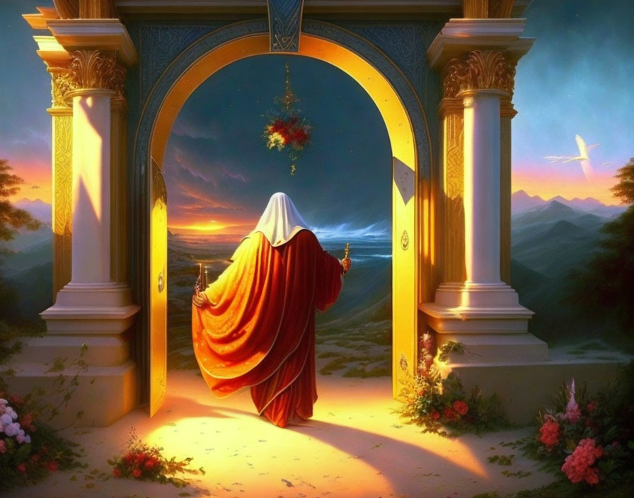 Robed Figure at Open Doorway Facing Vibrant Sunrise Landscape