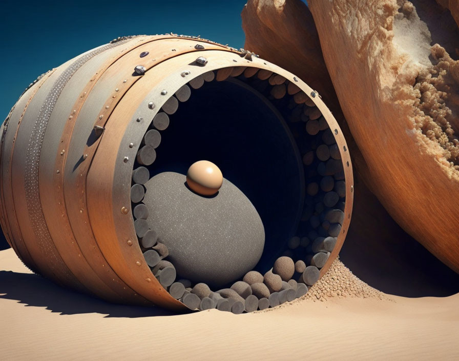 3D-rendered image of large barrel with cannonballs and egg on sandy ground