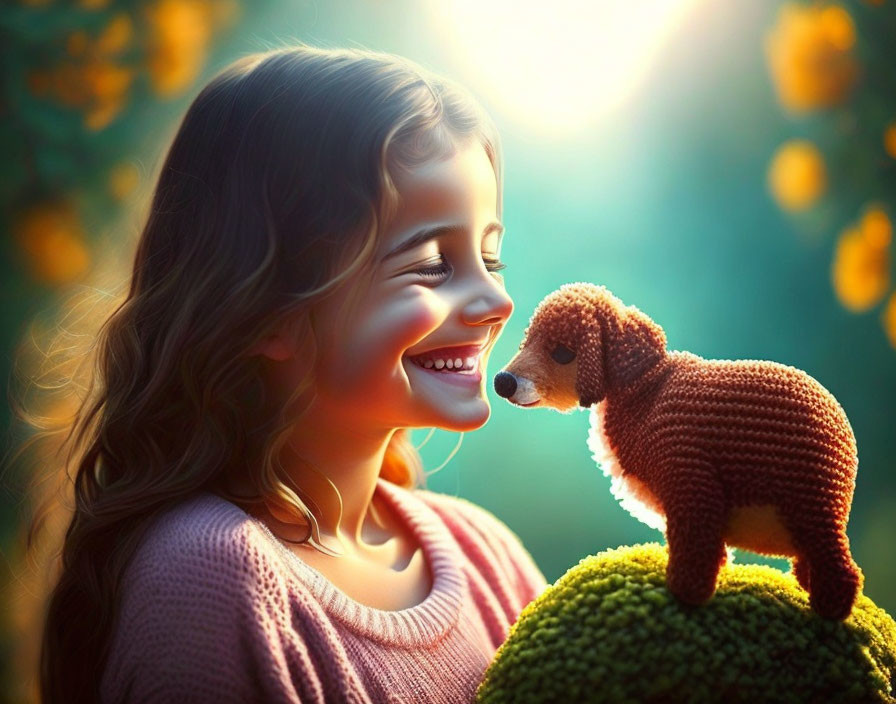 Smiling girl with knitted puppy on mossy surface