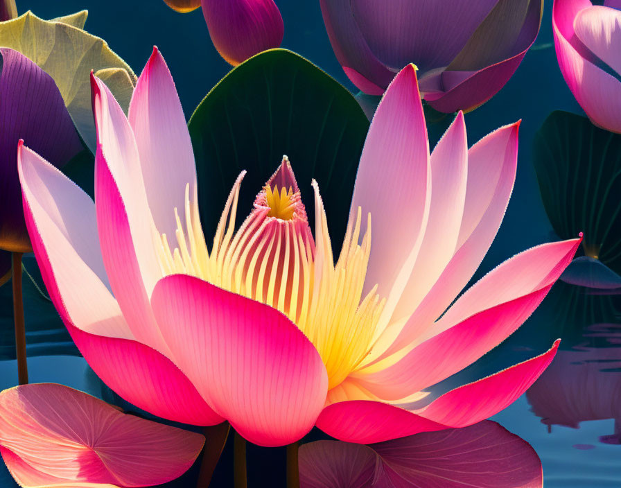 Pink Lotus Flower in Full Bloom with Yellow Center on Dark Blue Background