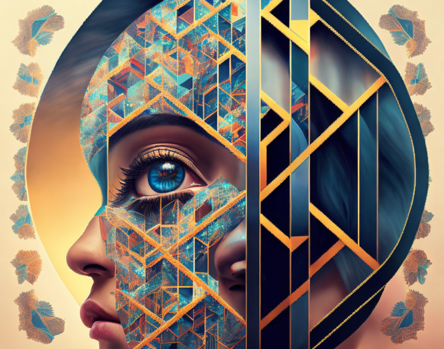 Vibrant makeup meets cyborg elements in digital art portrait