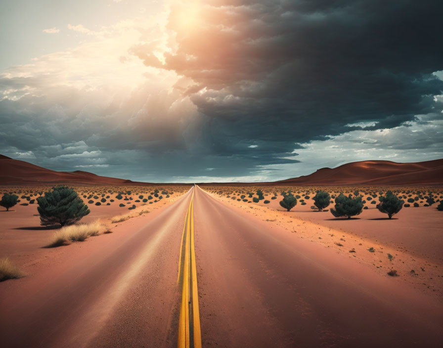 Desert landscape with straight road and dramatic sky