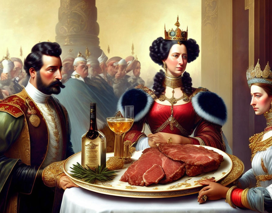 Stylized painting of three royal figures dining lavishly