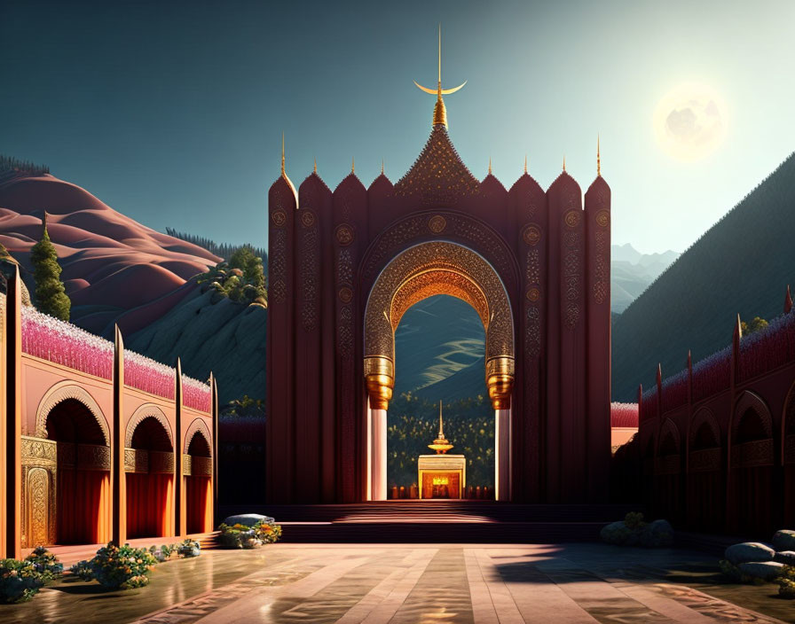 Fantastical palace digital artwork with arched entrance and crescent moon at dusk