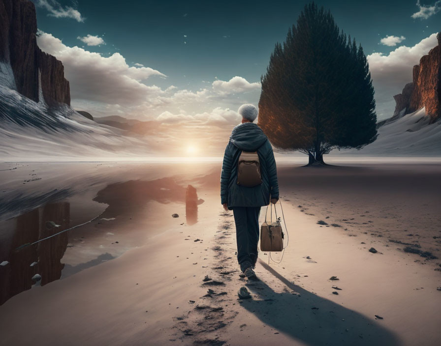 Person standing on snowy shore by calm lake at sunset with lone tree and reflection.