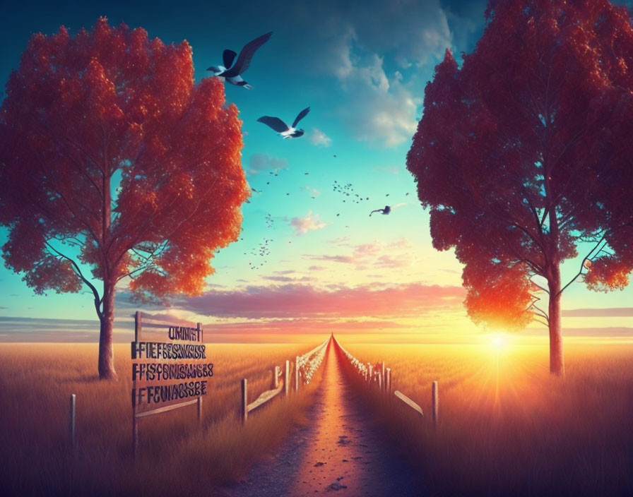 Tranquil autumn landscape with straight path, vibrant trees, birds, and sunset sky