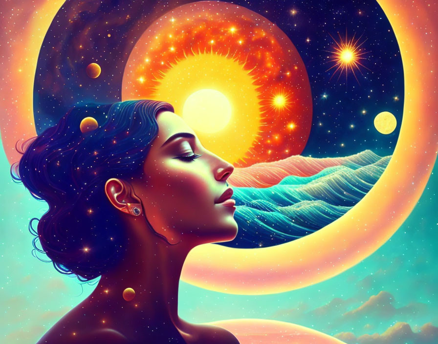 Surreal woman illustration with space-themed hair and sun circle