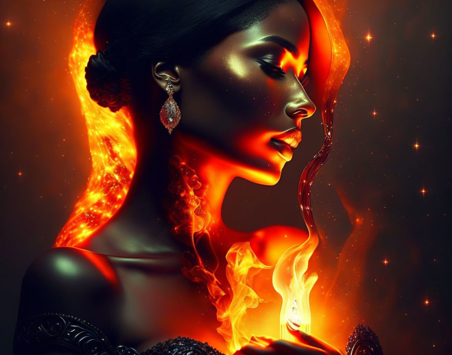 Digital artwork featuring woman with glowing fiery elements