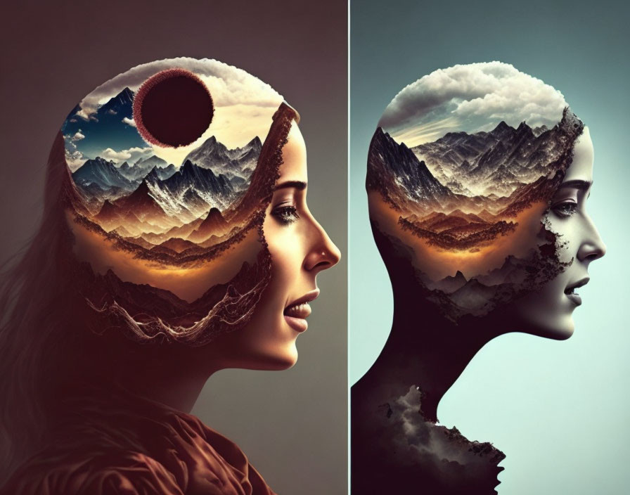 Digital artwork: Profiles of two people with landscapes and celestial scenes superimposed.