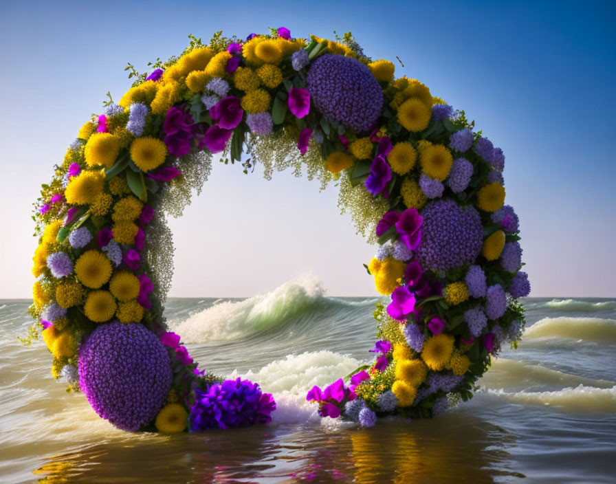 Colorful floral wreath on beach with waves and blue sky