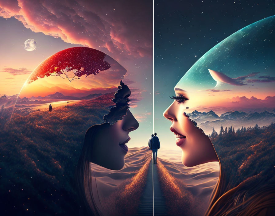 Digital artwork comparison: Profiles with day & night landscapes.