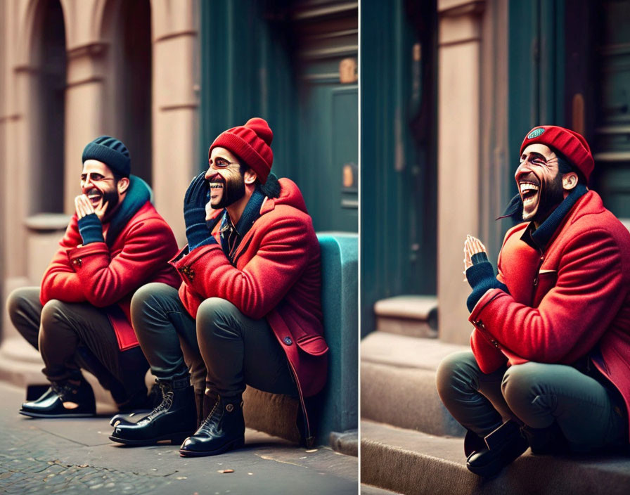 Cheerful man in red coat and beanie laughing by blue door