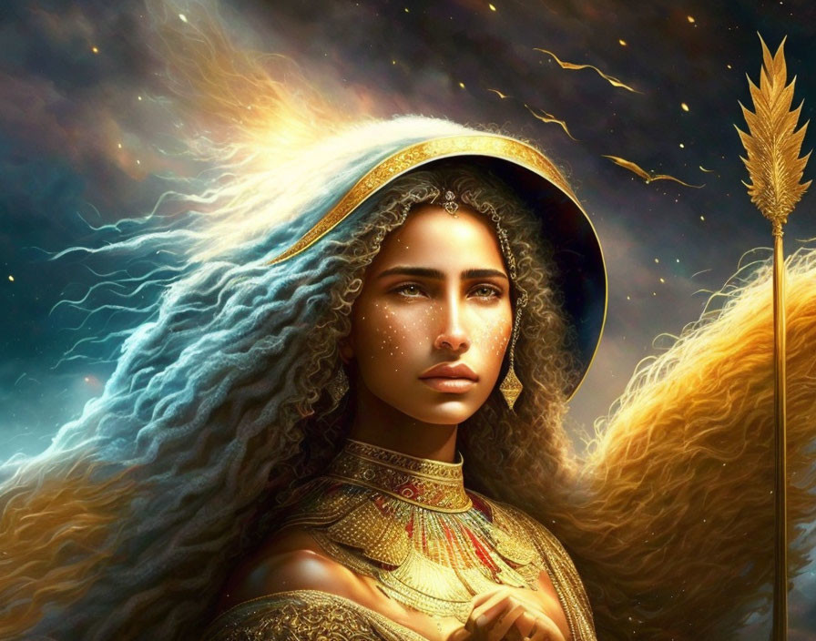 Fantasy illustration: woman with curly hair, ornate headdress, holding golden wheat staff, cosmic