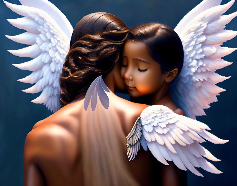 Angels Embracing in Tender Moment on Dark Background