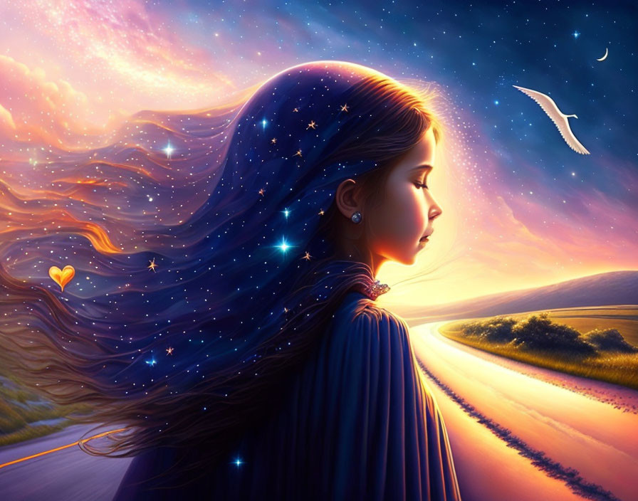 Digital artwork: Woman with starry hair in twilight sky over serene road. Crescent moon and symbolic heart