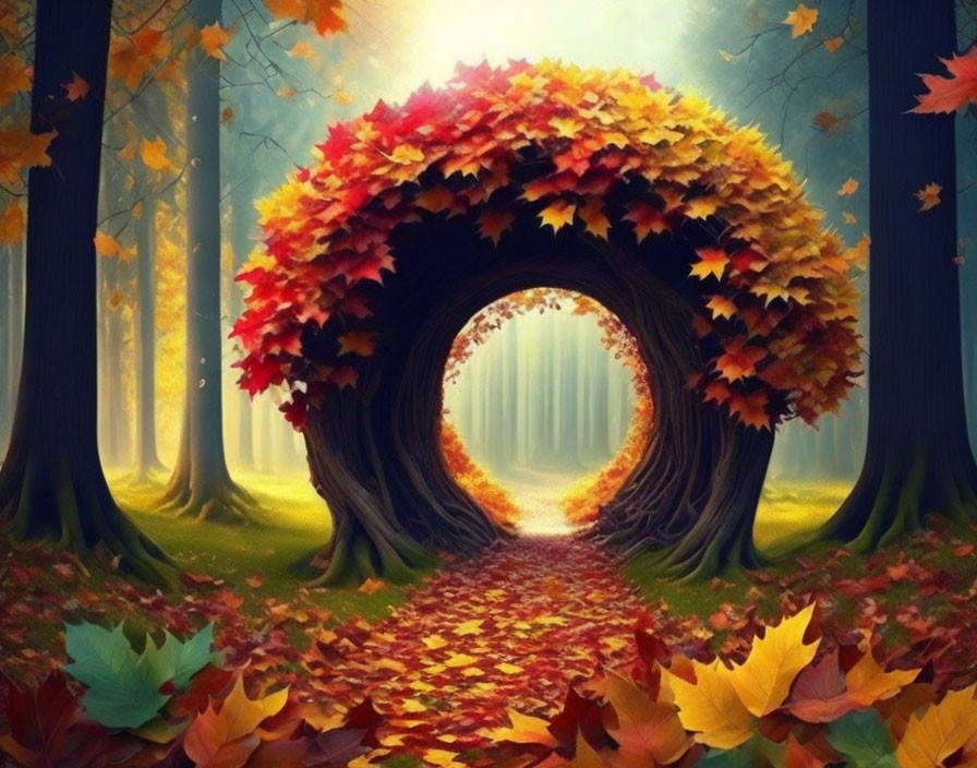 Mystical autumn forest with vibrant fall foliage tunnel