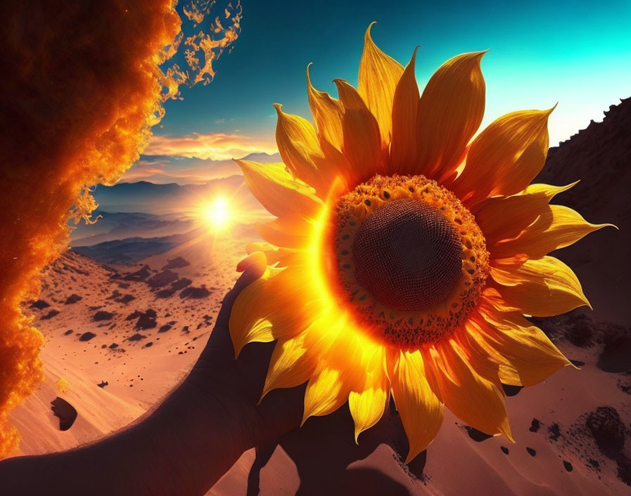 Sunflower held by hand in surreal desert scene with fiery sun