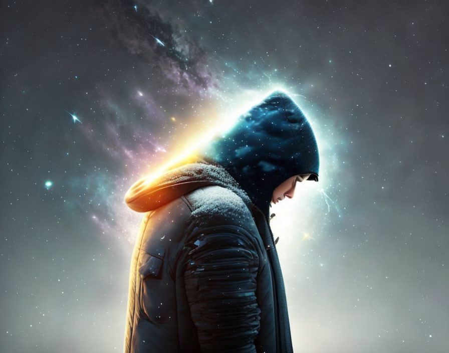 Person in Hooded Jacket Contemplates Cosmic Starry Scene