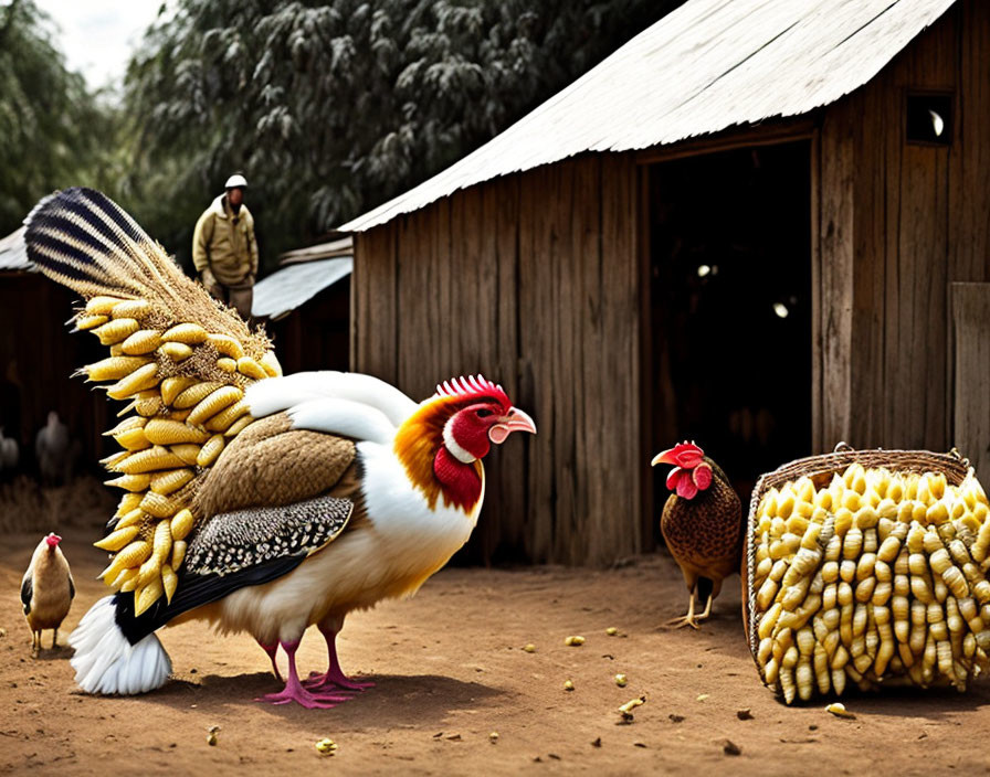 Person overlooking rooster with large corn cob feathers outside wooden barn