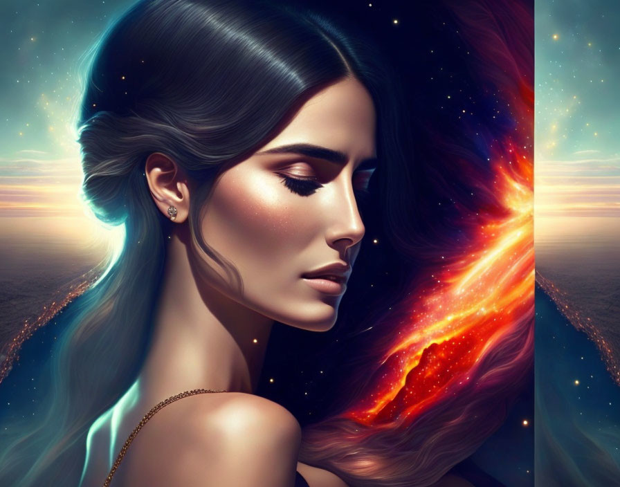 Vibrant digital portrait of a woman against cosmic background