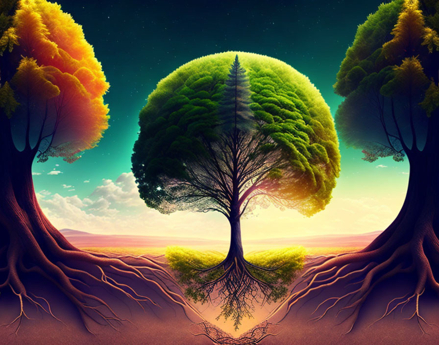 Symmetrical surreal landscape with circular tree canopies above barren ground