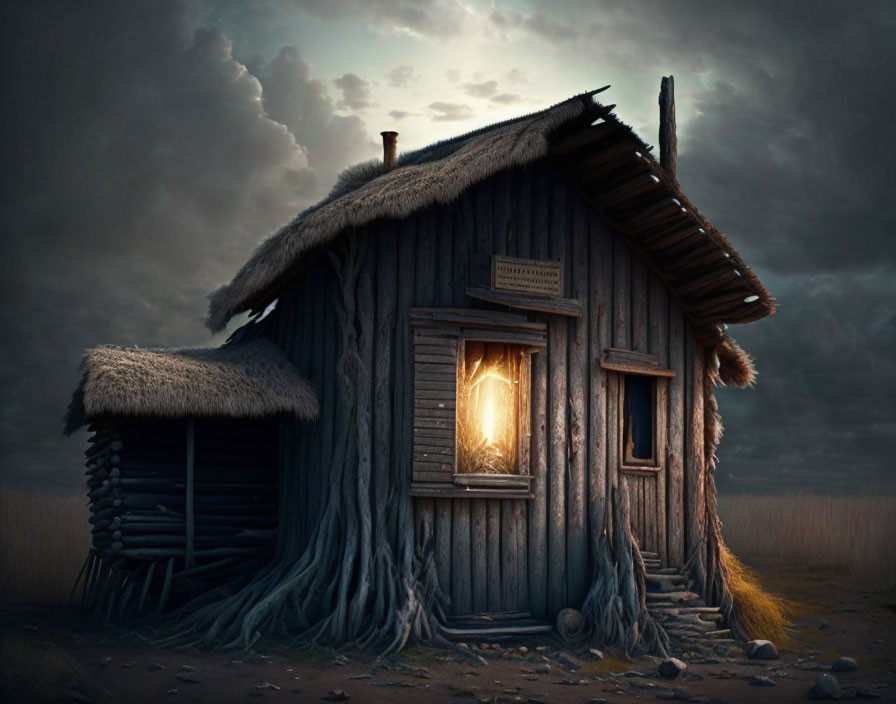 Mystical wooden hut with thatched roof and glowing window under brooding dusk sky