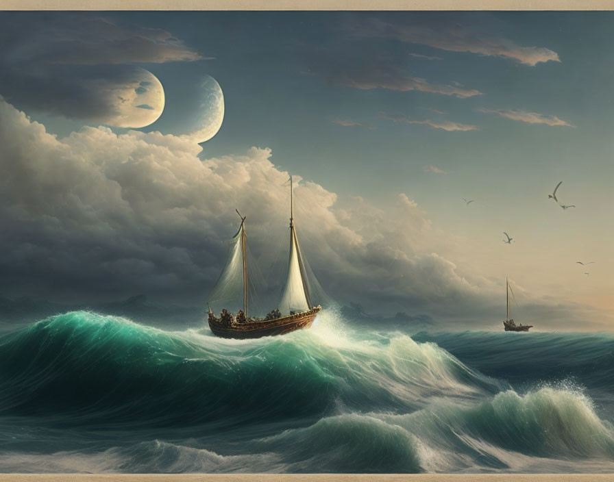 Moonlit sailing ships on stormy ocean with flying birds