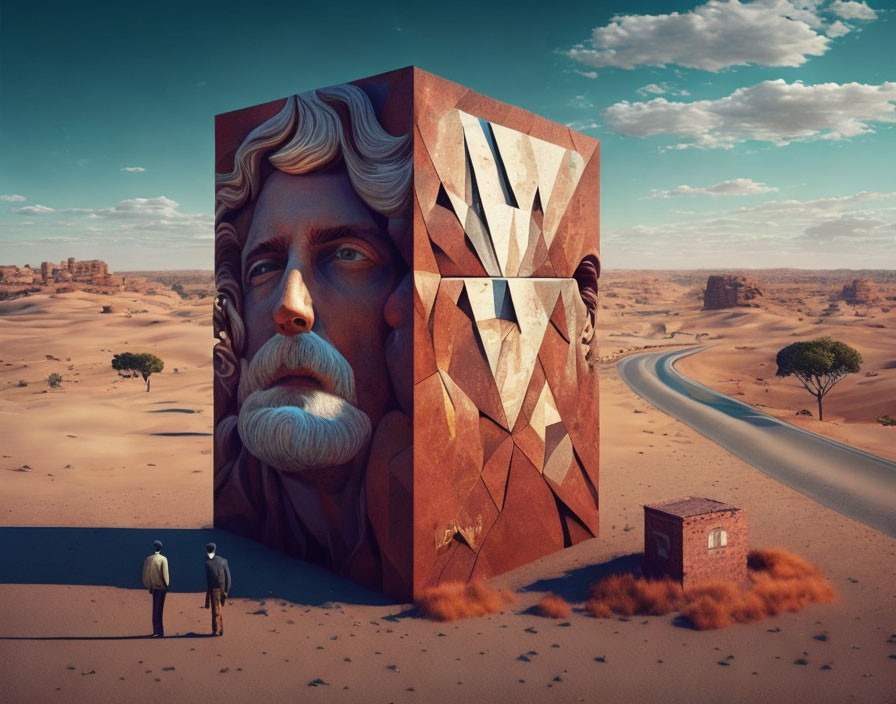 Surreal desert scene with colossal fragmented sculpture and onlookers