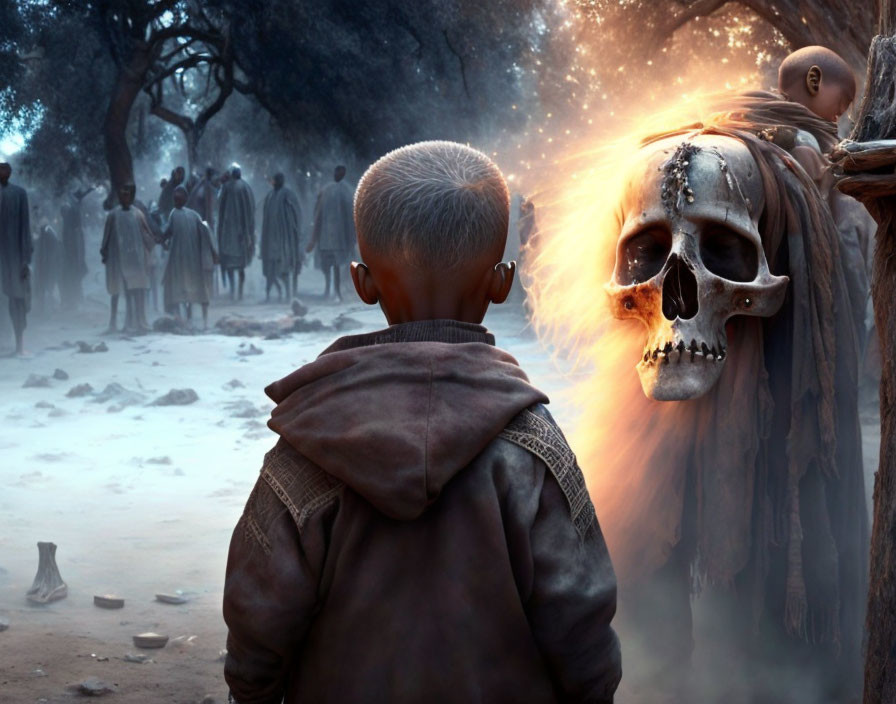 Boy confronting glowing-eyed skull in dusky, tree-lined scene