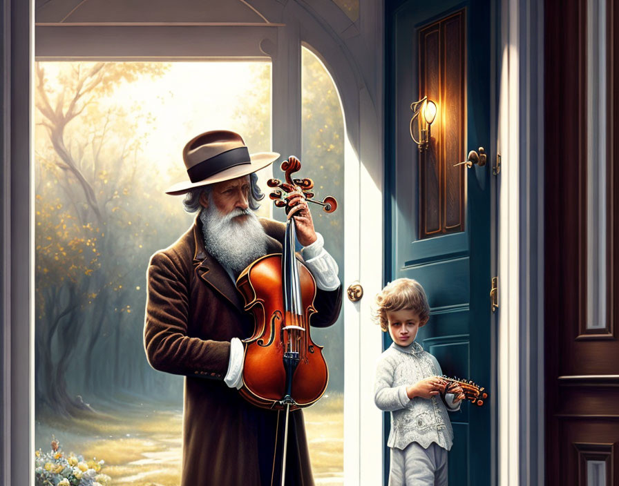 Elderly man and child with violin by open door in serene light