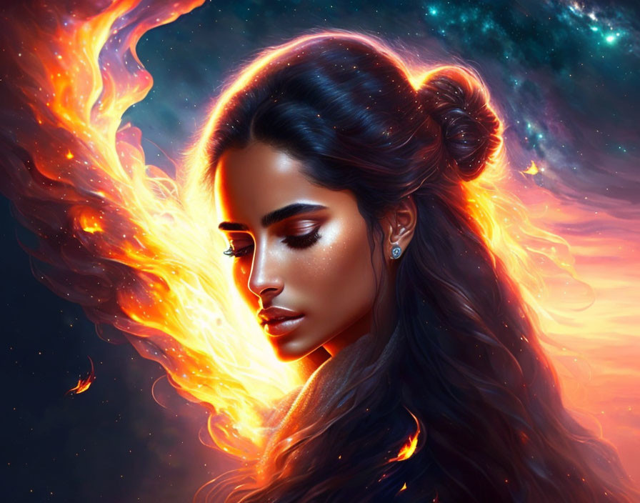 Woman with dark hair and fiery bird wing in cosmic setting - Phoenix-themed digital art