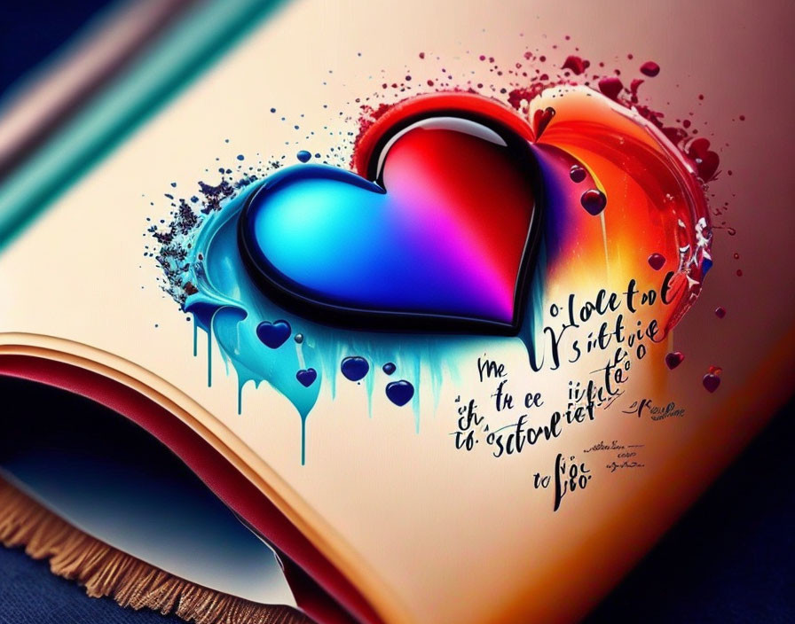 Colorful Heart Melting on Open Book with Cursive Text in Artistic Concept