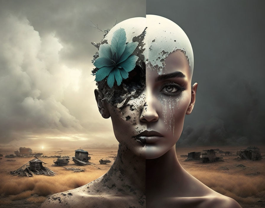 Surreal portrait: woman's face merges with desolate landscape, blue flower, tears, cloudy