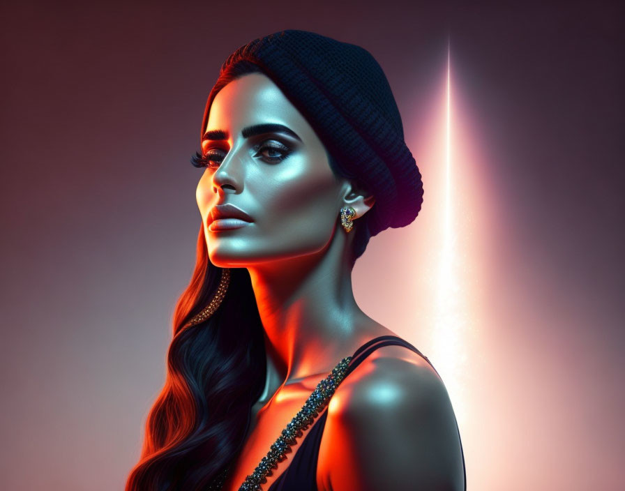 Long-haired woman in beanie and earrings under neon light.