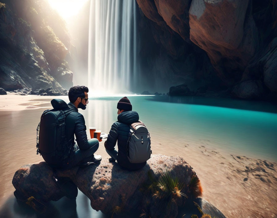 Two people sitting by waterfall in sunlit cave