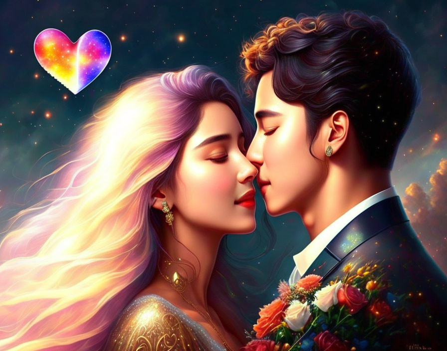 Embracing couple with cosmic backdrop and glowing heart