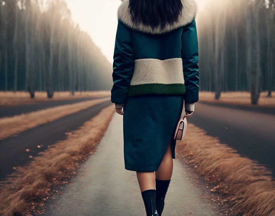 Person in teal coat with fur collar walking down foggy road lined with bare trees