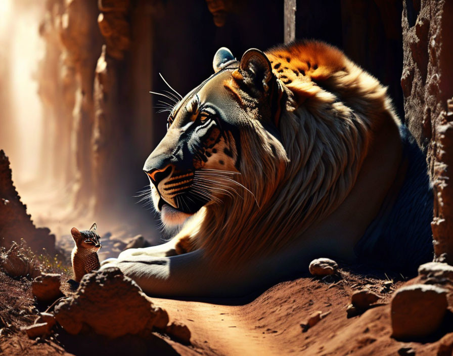 Tiger observing bird in sunlit cave