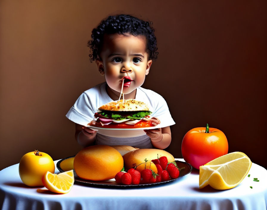 Curly-haired toddler with sandwich and fruits on table