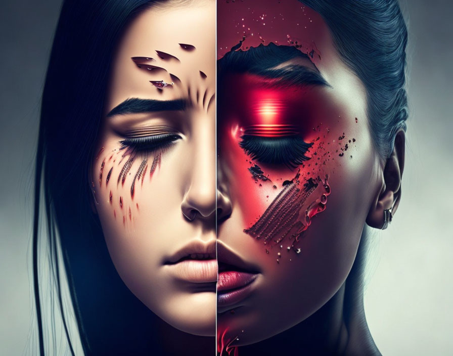 Split-Face Conceptual Image of Woman with Robotic Structure Visible