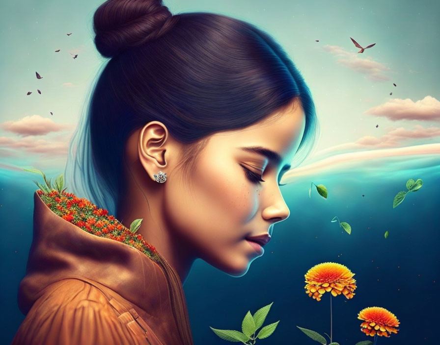 Woman with bun and floral jacket gazes at yellow flowers in surreal sky