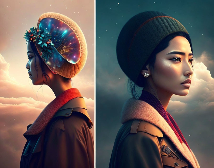 Profile of woman with cosmic galaxy in transparent headwear against cloud-filled sky.