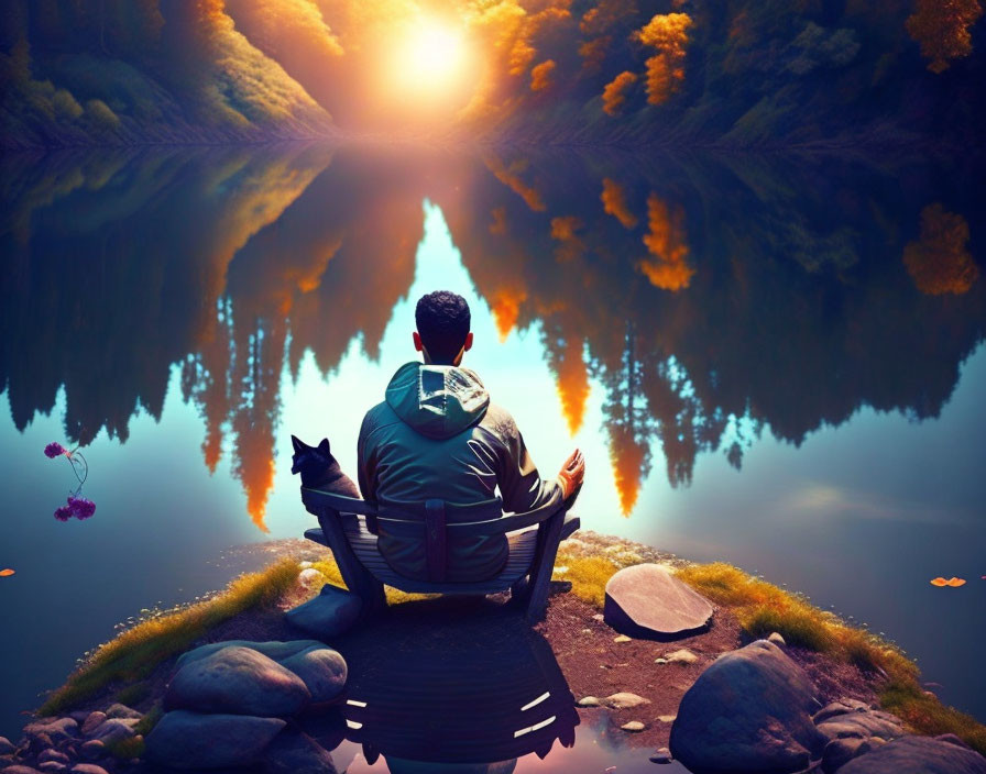 Person sitting with cat by tranquil lake at sunrise or sunset